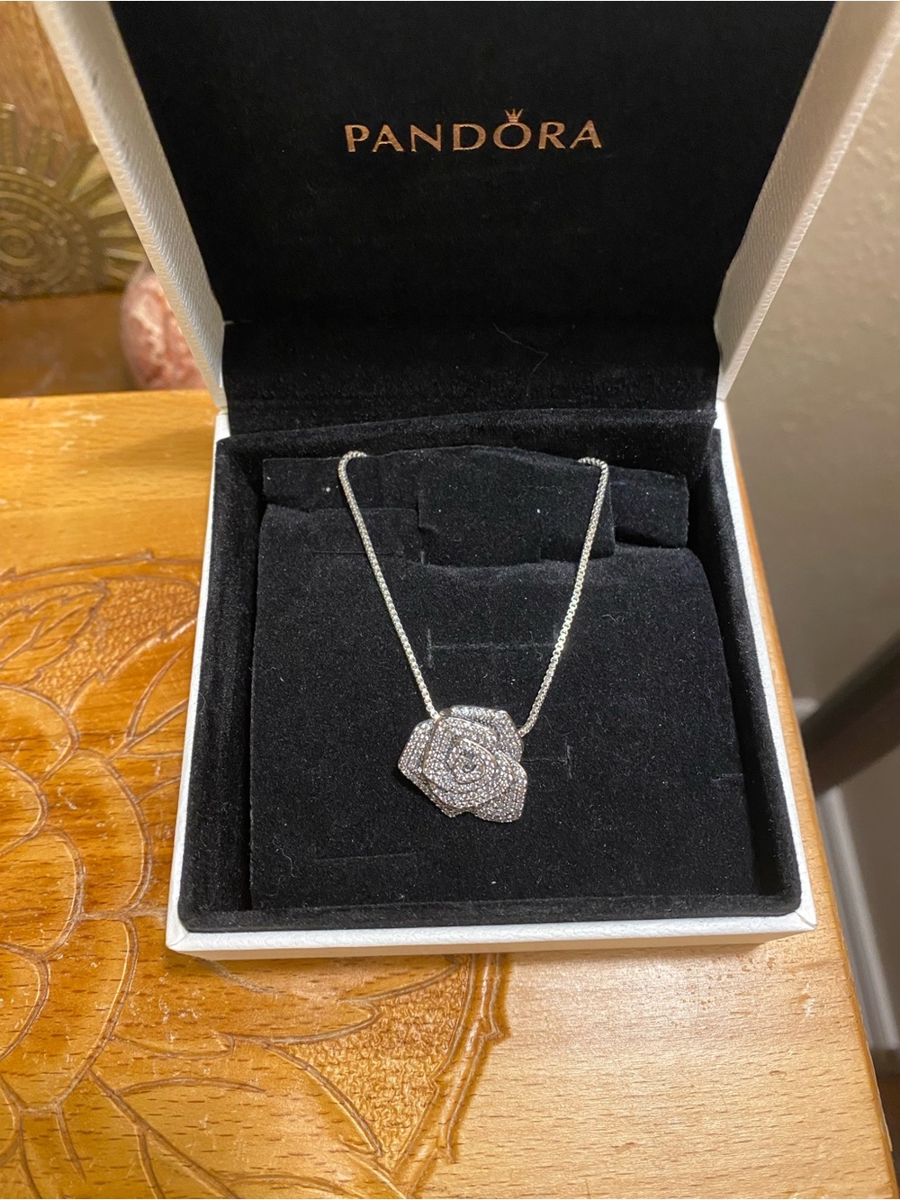 Pandora Sterling Silver Rose Pendant Necklace with CZs